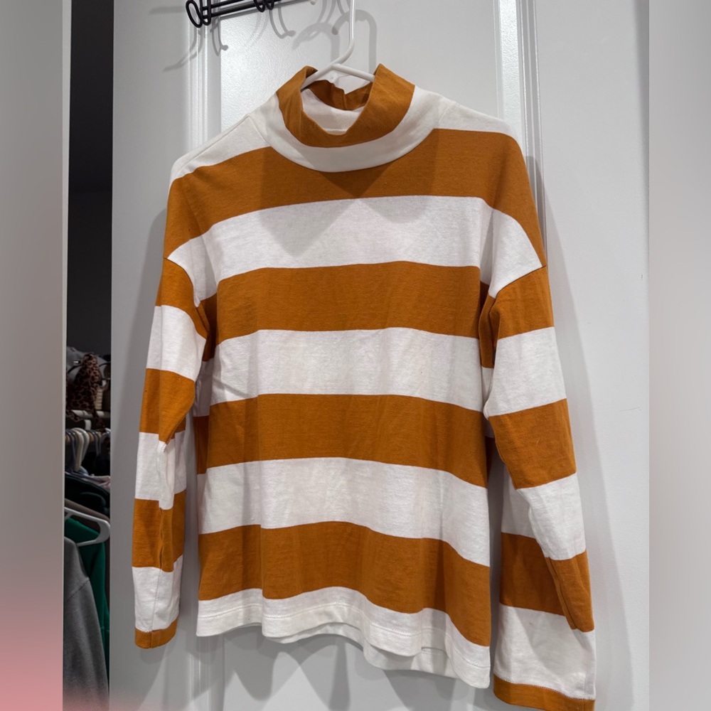 Madewell mustard and cream striped top. Mock turtle neck